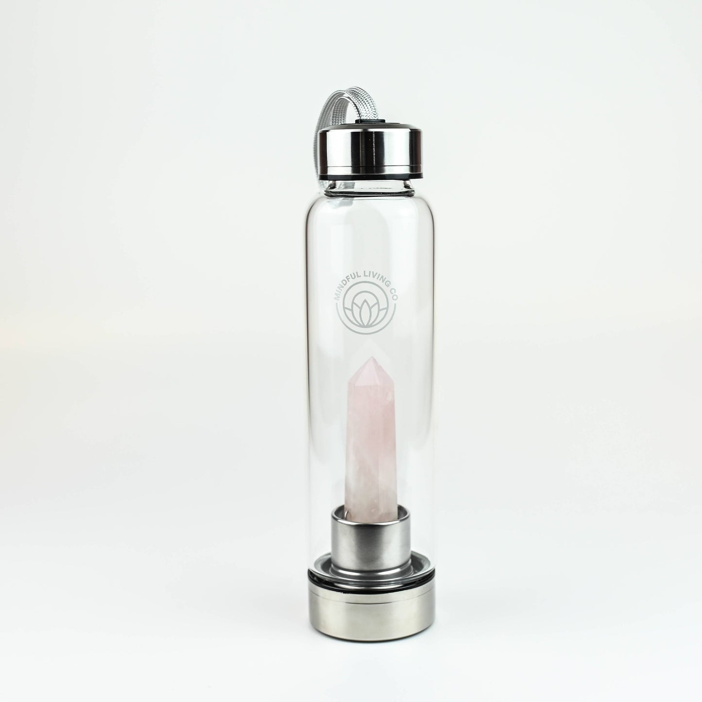 Botella de agua con varita de cristal transparente – Cuarzo rosa – Amor y calma